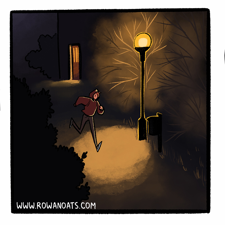 Panel thirteen. They head away from the apartment, onto a pathway past bare trees and a lamp post.